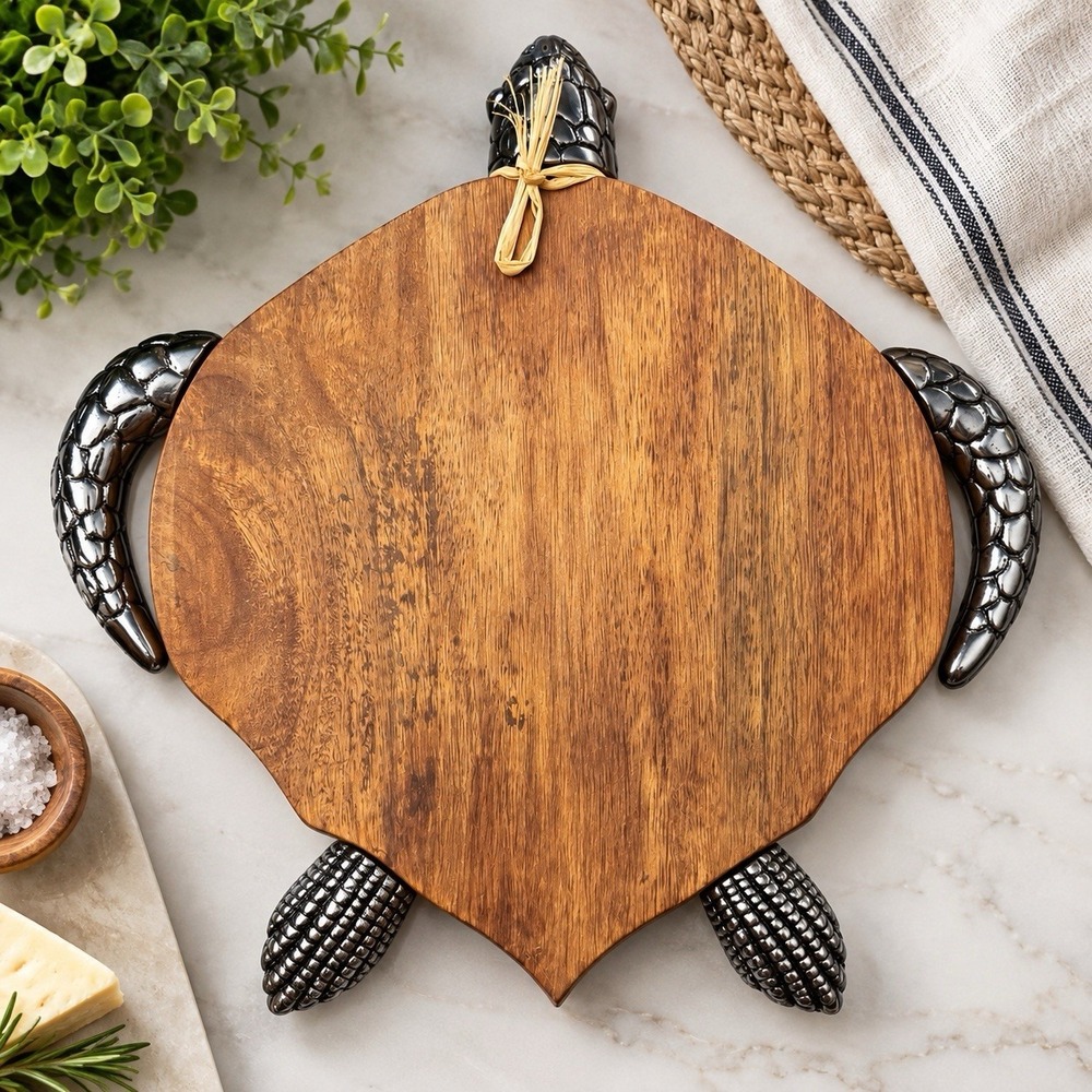 Mud Pie Sea Turtle Serving Board Mango Wood Metal Cheese Charcuterie 12.5x13